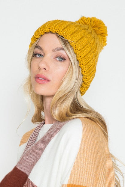 Knitted Pom Pom Beanie (Yellow)