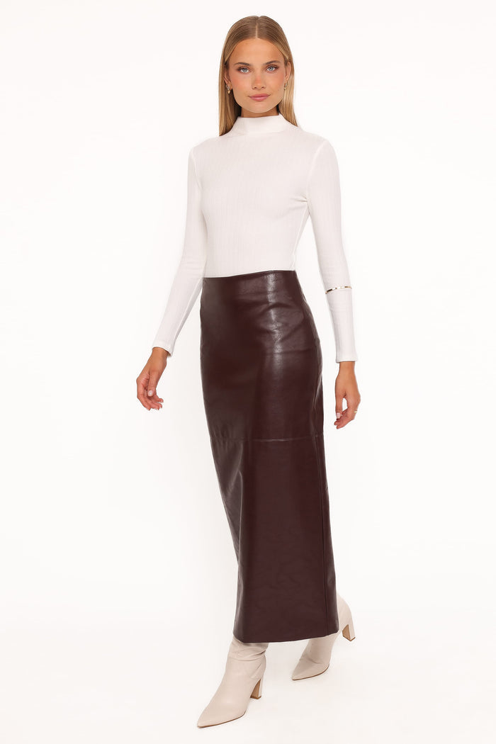 Petal and Pup USA BOTTOMS Koda Faux Leather Column Skirt - Burgundy