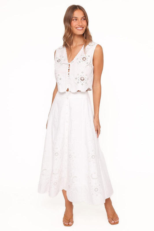 Petal and Pup USA BOTTOMS Kye Midi Skirt - White Broderie