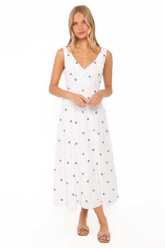 DRESSES Luellen Embroidered Daisy Midi Dress - White
