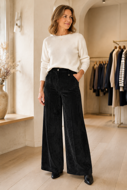 Mac Jeans 2793-0410-90 Black Palazzo Corduroy Trousers on model Shop Mac Jeans at Dotique