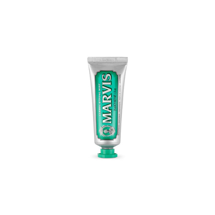 Travel-size tube of Classic Strong Mint Marvis toothpaste.