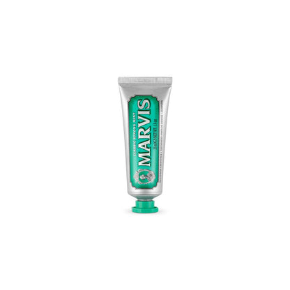 Travel-size tube of Classic Strong Mint Marvis toothpaste.