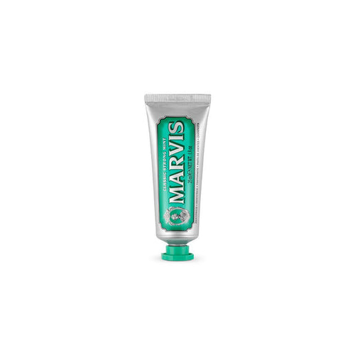 Travel-size tube of Classic Strong Mint Marvis toothpaste.