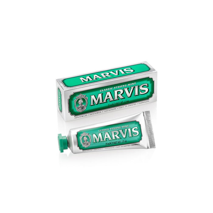 Box and tube of Marvis Classic Strong Mint toothpaste.