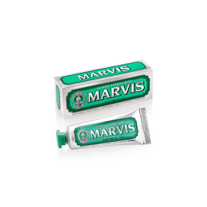 Box and tube of Marvis Classic Strong Mint toothpaste.