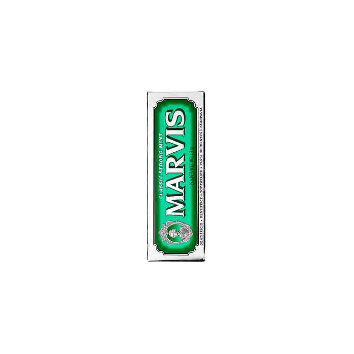 Green box of Marvis Classic Strong Mint toothpaste.