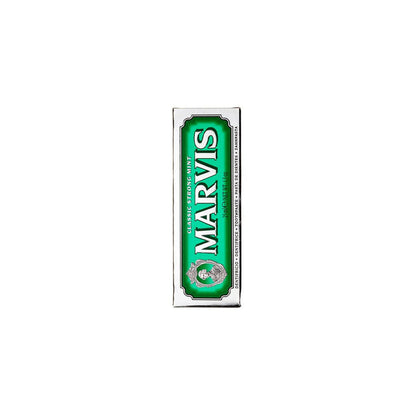 Green box of Marvis Classic Strong Mint toothpaste.