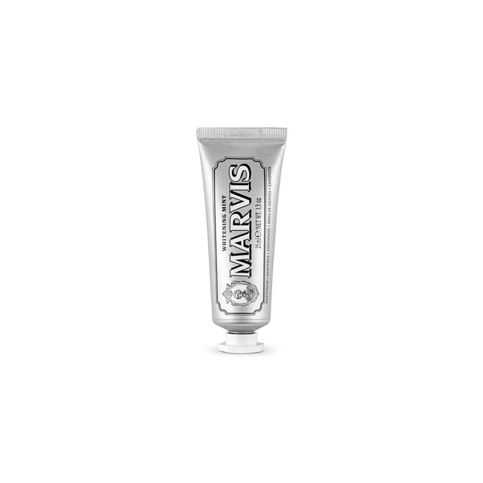 Travel-size tube of Whitening Mint Marvis toothpaste.