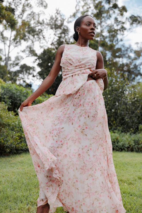 Petal and Pup USA BOTTOMS Mena Pleated Maxi Skirt - Blurred Pink Floral