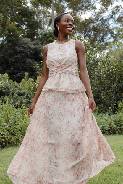 Petal and Pup USA BOTTOMS Mena Pleated Maxi Skirt - Blurred Pink Floral