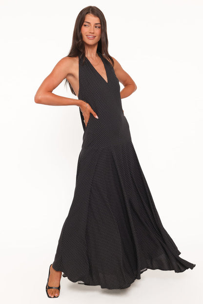 Petal and Pup USA DRESSES Natalie Halterneck Maxi Dress - Black Polka Dot