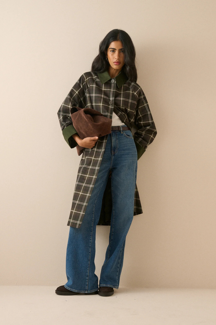 Nobody's Child Diola Brown and Green Tartan Collared Car Coat on model. Shop Nobody's Child at Dotique