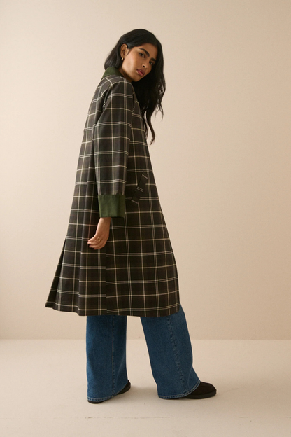 Nobody's Child Diola Brown and Green Tartan Collared Car Coat on model by Nobody’s Child Shop Nobody’s Child at Dotique