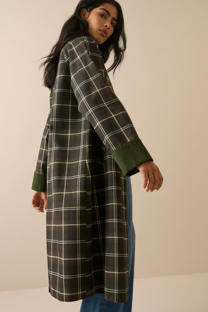 Nobody's Child Diola Brown and Green Tartan Collared Car Coat on model by Nobody's Child Shop Nobody's Child at Dotique
