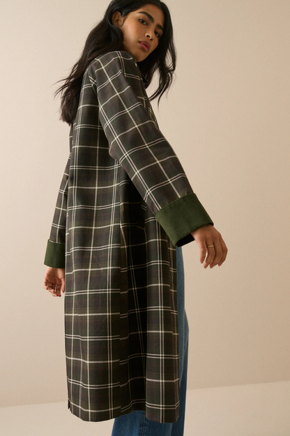 Nobody's Child Diola Brown and Green Tartan Collared Car Coat on model by Nobody's Child Shop Nobody's Child at Dotique