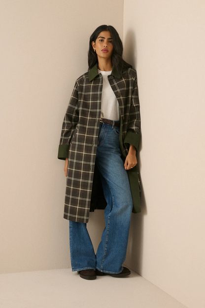 Nobody's Child Diola Brown and Green Tartan Collared Car Coat on model by Nobody’s Child Shop Nobody’s Child at Dotique