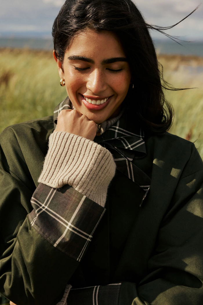 Nobody's Child Fion Khaki Tartan Trim Country Jacket on model by Nobody’s Child Shop Nobody’s Child at Dotique
