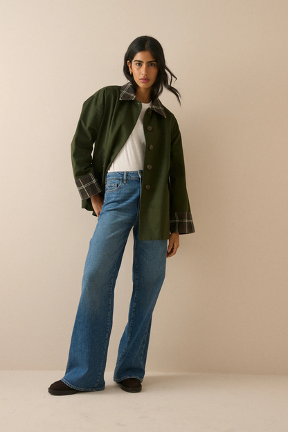 Nobody's Child Fion Khaki Tartan Trim Country Jacket on model by Nobody's Child Shop Nobody's Child at Dotique