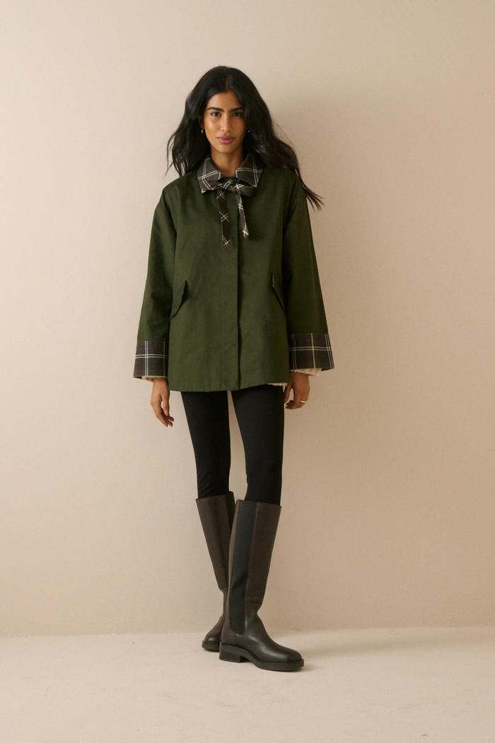 Nobody's Child Fion Khaki Tartan Trim Country Jacket on model by Nobody’s Child Shop Nobody’s Child at Dotique
