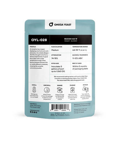 Back view of Omega Yeast's Belgian Ale W OYL028 container