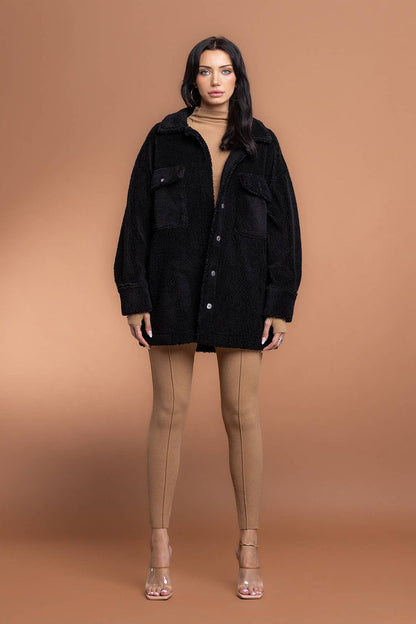 Oversized Solid Sherpa Shacket (Black)