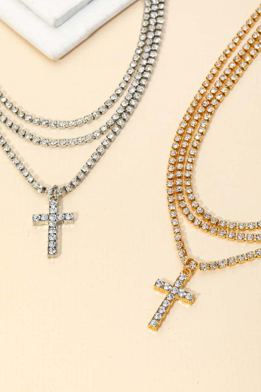 Pave Rhinestone Chain Layered Cross Necklace