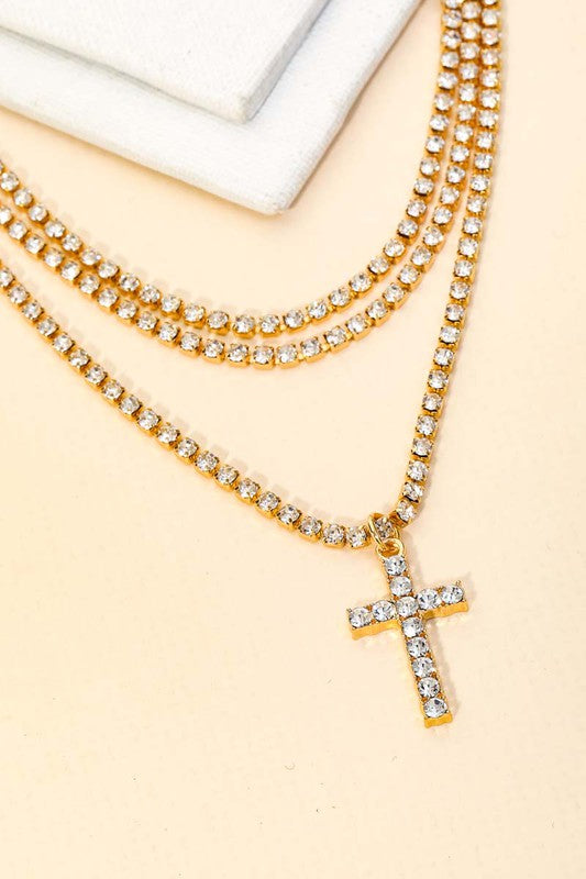 Pave Rhinestone Chain Layered Cross Necklace