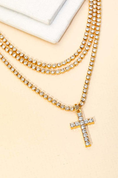 Pave Rhinestone Chain Layered Cross Necklace