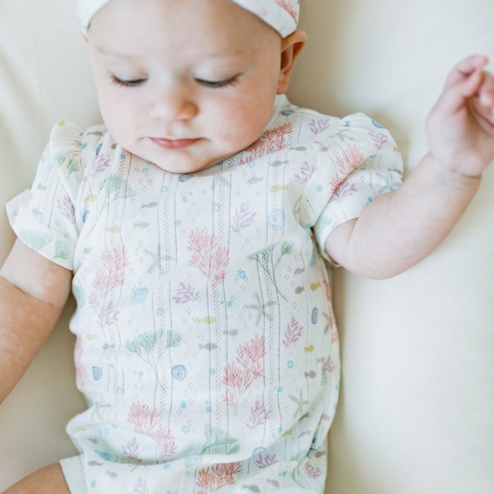 Pointelle Puff Sleeves Bodysuit - Sea Bloom
