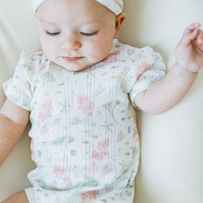 Pointelle Puff Sleeves Bodysuit - Sea Bloom