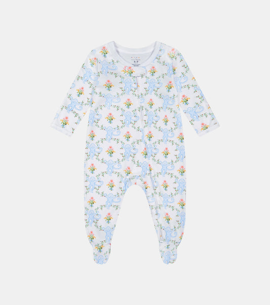 Roller Rabbit x Hill House Infant Zipper Footie - Blue Floral Monkey Trellis