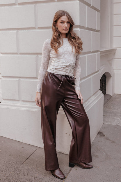 BOTTOMS Saffron Vegan Leather Wide Leg Pant - Burgundy