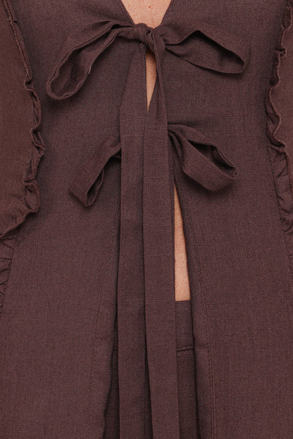 Petal and Pup USA TOPS Sasha Frill Tie Front Top - Dark Brown
