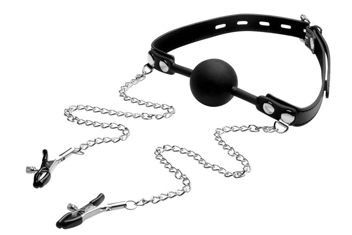 Silicone Ball Gag with Nipple Clamps Image 1