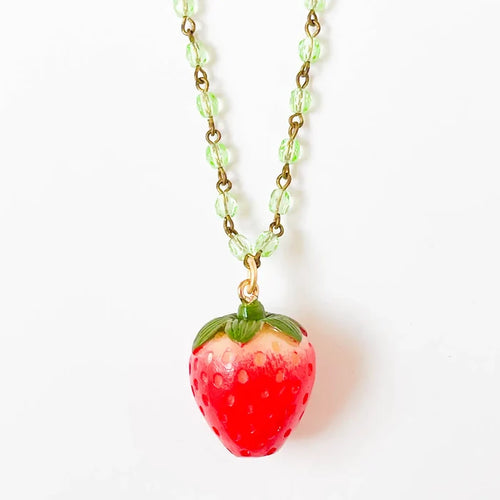 Strawberry Charm Necklace with Green Beads