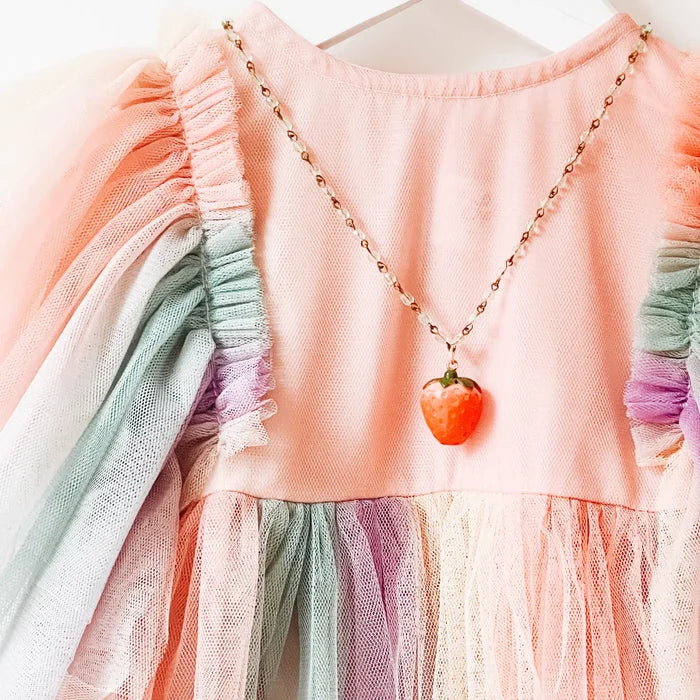 Strawberry Charm Necklace with Green Beads