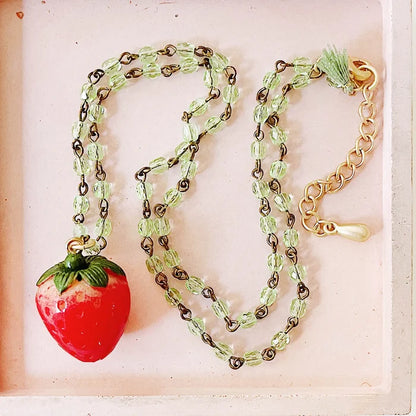 Strawberry Charm Necklace with Green Beads