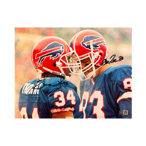 Thurman Thomas and Andre Reed Dual Signed Touching Helmets 11x14 Photo