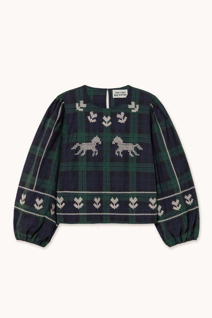 Tiny Big Sister Embroidered Check Puff Sleeves Blouse AW26-754 front view Shop Tiny Big Sister at Dotique