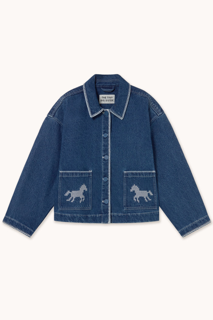 Tiny Big Sister Embroidered Horses Denim Jacket AW26-788 front view Shop Tiny Big Sister at Dotique