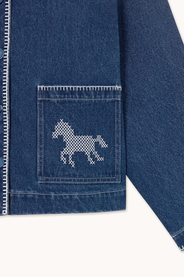 Tiny Big Sister Embroidered Horses Denim Jacket AW26-788 embroidered horse pocket detail Shop Tiny Big Sister at Dotique