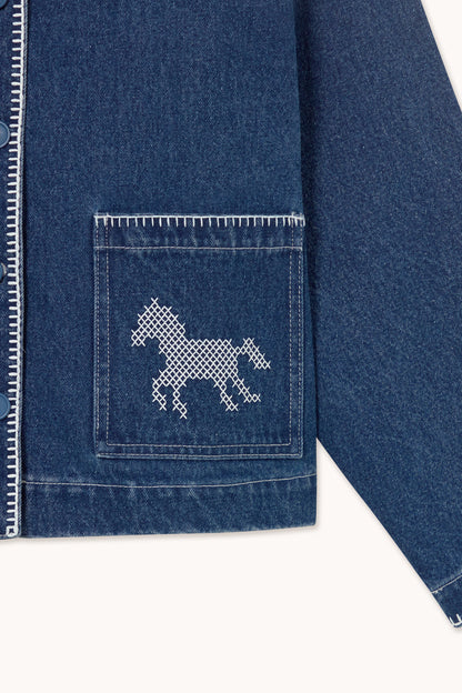 Tiny Big Sister Embroidered Horses Denim Jacket AW26-788 embroidered horse pocket detail Shop Tiny Big Sister at Dotique