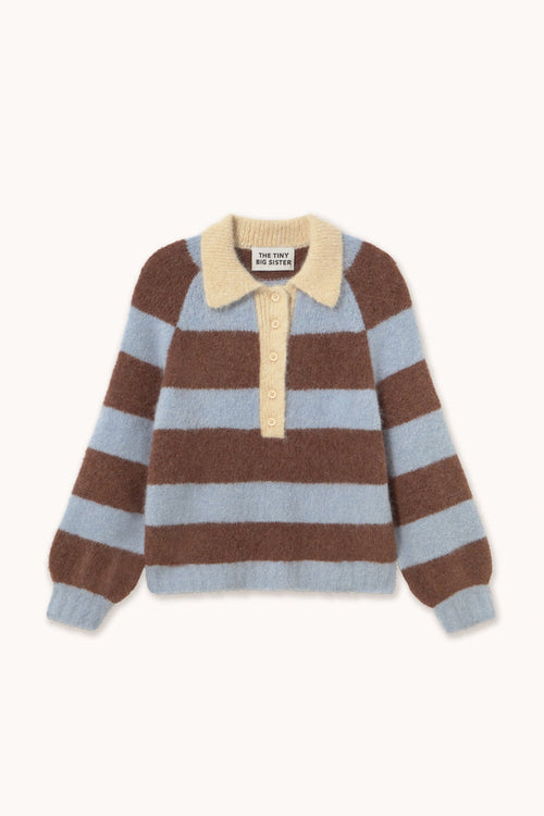 Tiny Big Sister Frank Striped Polo - Blue/Brown AW26-845 striped jumper Tiny Big Sister Shop Tiny Big Sister at Dotique