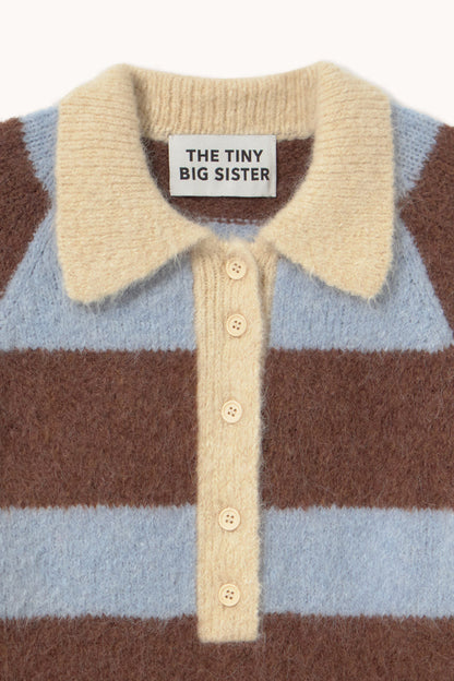 Tiny Big Sister Frank Striped Polo - Blue/Brown AW26-845 collar detail Tiny Big Sister Shop Tiny Big Sister at Dotique