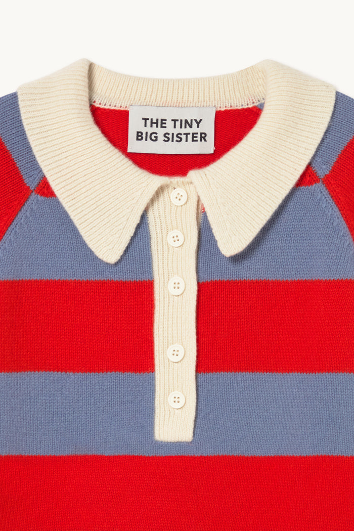 Tiny Big Sister Frank Striped Polo - Orange/Blue AW26-844 red blue collared jumper Shop Tiny Big Sister at Dotique