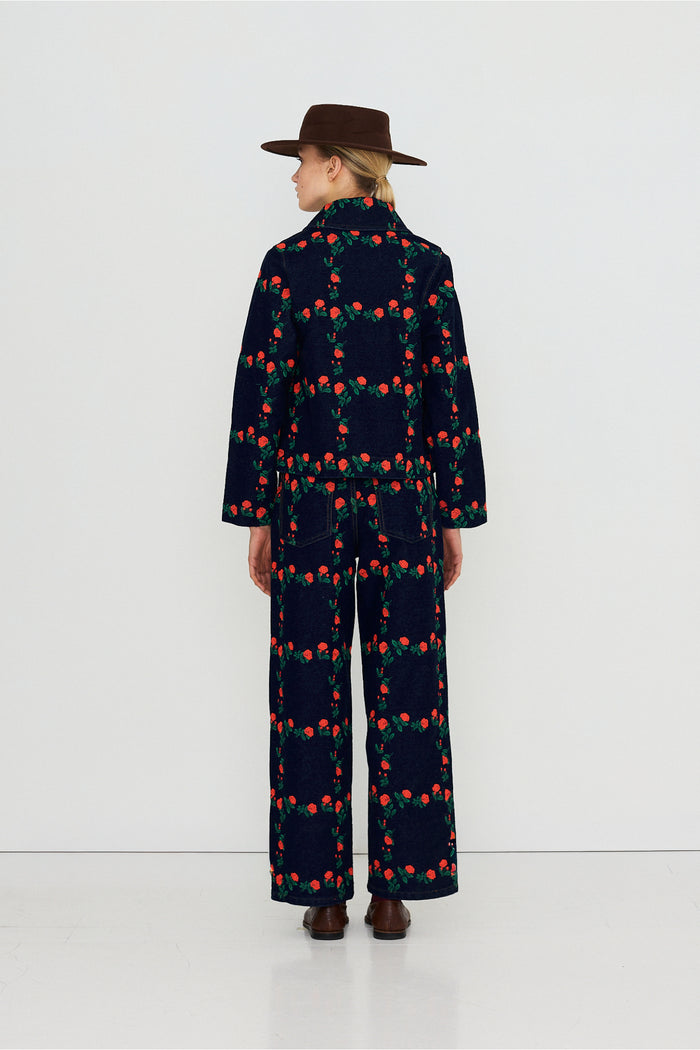 Tiny Big Sister Roses Grid Embroidery Denim Jacket AW26-795 back view Shop Tiny Big Sister at Dotique