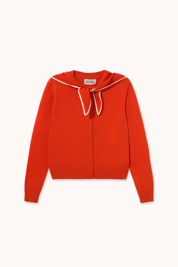 Tiny Big Sister Scarf Neck Lara Cardigan - Red AW26-668 front view Shop Tiny Big Sister at Dotique